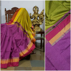 Magenta Bengal handloom cotton blend with multi coloured border and contrasting green pallu and blouse.