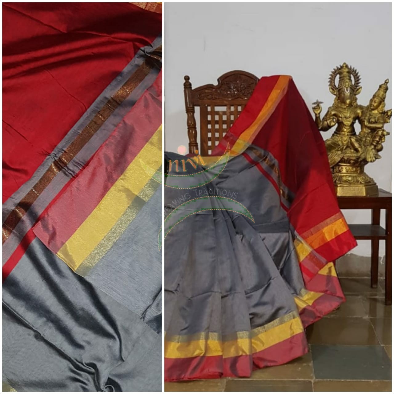Grey Bengal handloom cotton blend with multi coloured border and contrasting red pallu and blouse.
