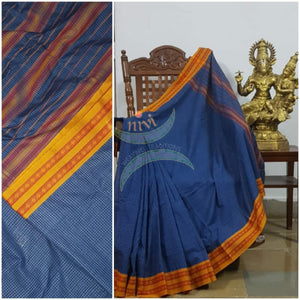 Royal blue handloom narayanpet cotton saree with contrasting mustard borders and striped pallu. The Saree comes without blouse.