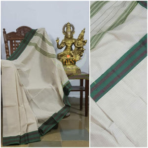 Off white handloom narayanpet cotton saree with contrasting green borders and striped pallu. The Saree comes without blouse.