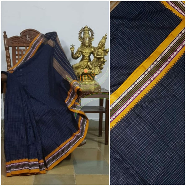 Navy blue handloom narayanpet cotton saree with contrasting mustard borders and striped pallu. The Saree comes without blouse.