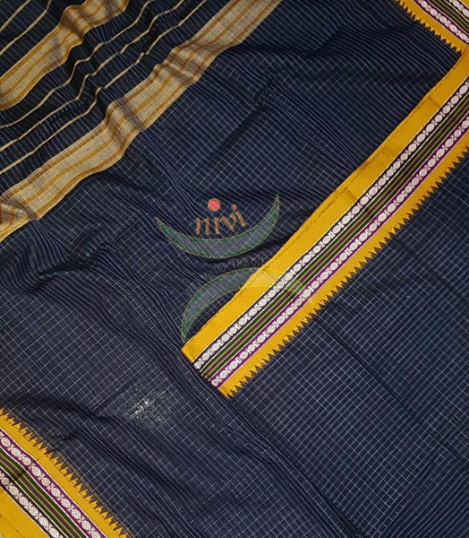 Navy blue handloom narayanpet cotton saree with contrasting mustard borders and striped pallu. The Saree comes without blouse.
