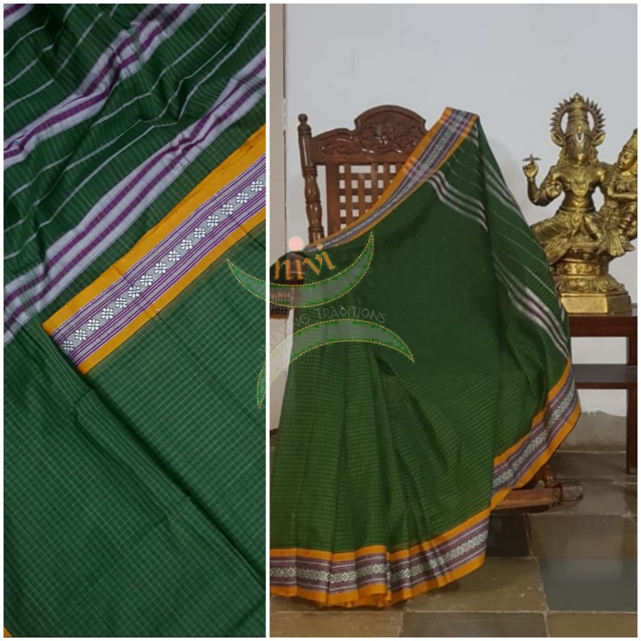 Green handloom narayanpet cotton saree with contrasting mustard borders and striped pallu. The Saree comes without blouse.
