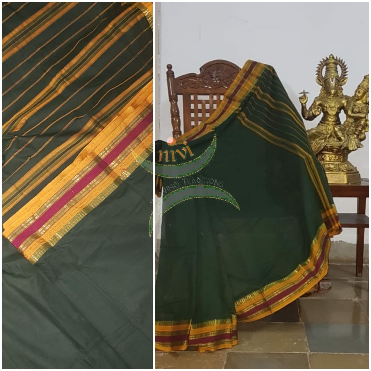 Bottle green handloom narayanpet cotton saree with contrasting mustard borders and striped pallu. The Saree comes without blouse.