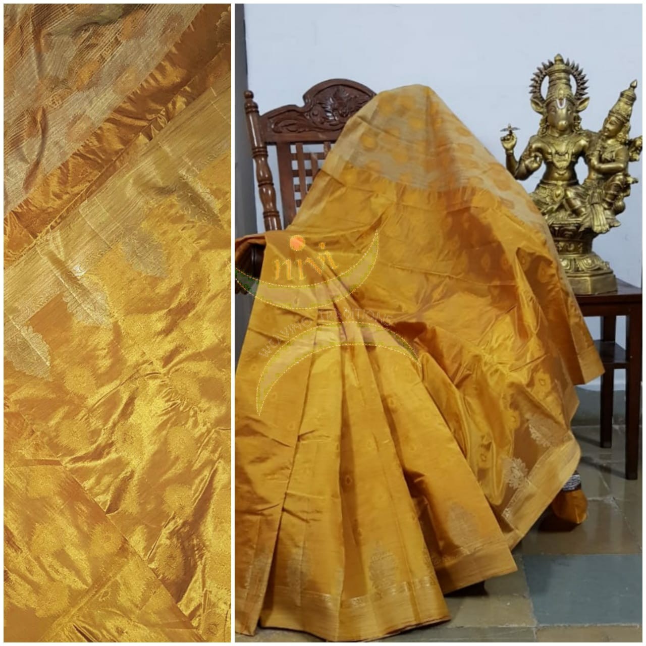 Golden Art silk tussar with zari motif on pallu and border. Saree comes with running blouse piece
