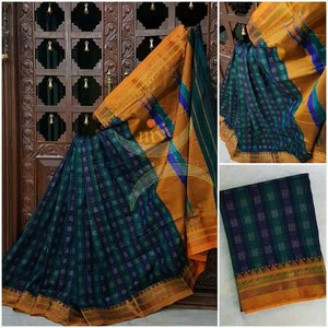 Green blue handloom silk cotton ilkal with ikat effect checks and traditional tope teni pallu. Saree comes with running blouse.