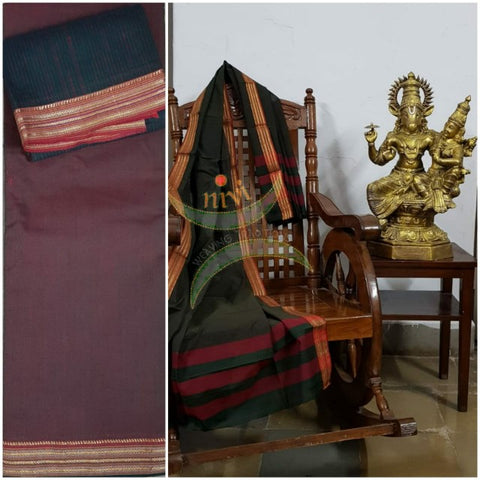 Maroon shot with green dharwad cotton gomi checks fabric top with green dupatta and bottom 3 piece suit set.