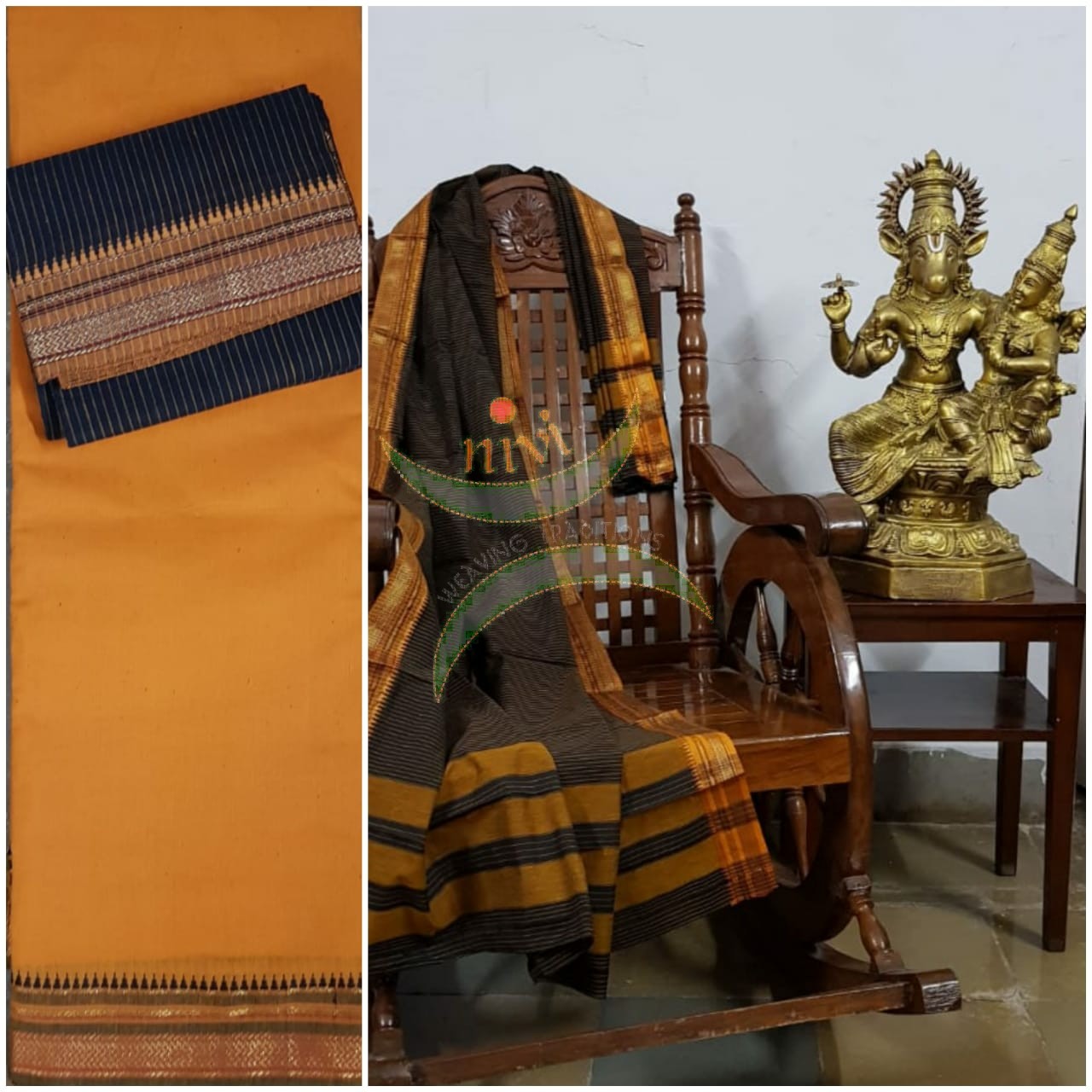 Mustard dharwad cotton gomi checks fabric top with green dupatta and bottom 3 piece suit set.