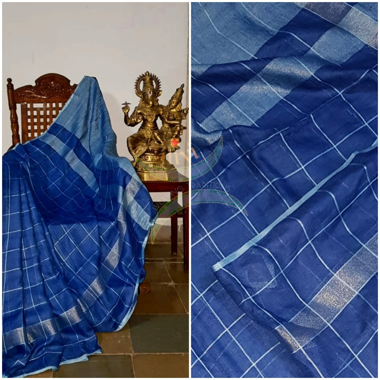 Blue pure linen with subtle silver checks, border and pallu. The Saree comes with striped blouse piece.