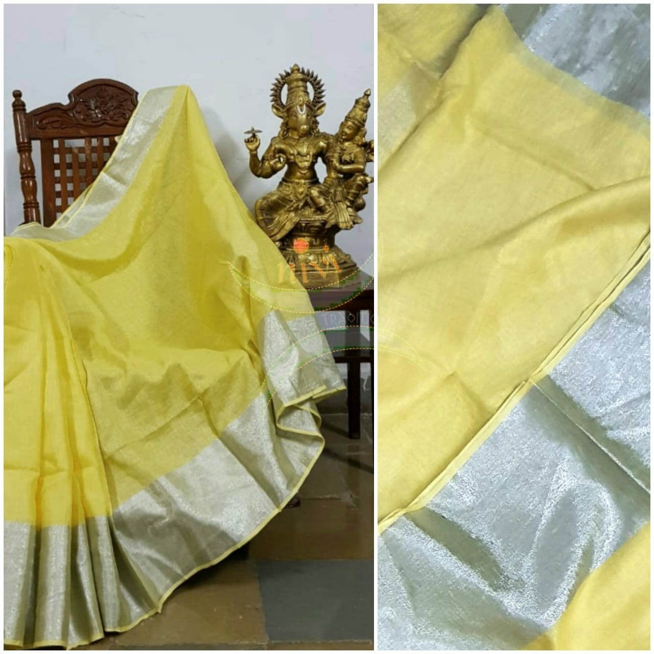 Yellow pure linen with subtle silver borders and striped pallu. The Saree comes with running blouse.