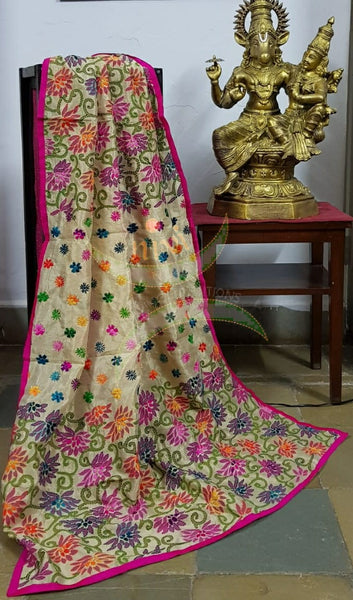 Hand embroidered kantha dupattas on beige art silk with multicoloured floral motif and pink piping on the edges