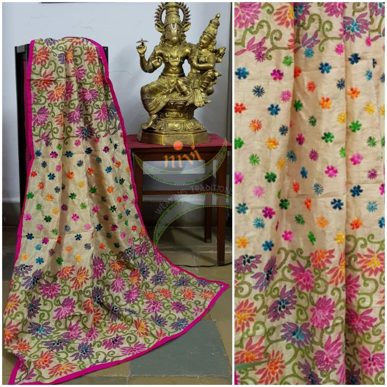 Hand embroidered kantha dupattas on beige art silk with multicoloured floral motif and pink piping on the edges