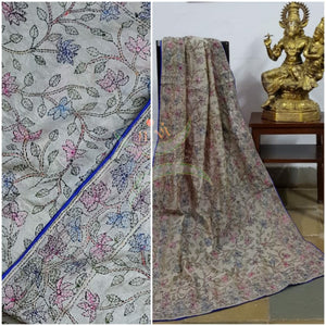 Hand embroidered kantha dupattas on beige art silk with multicoloured floral motif and blue piping on the edges