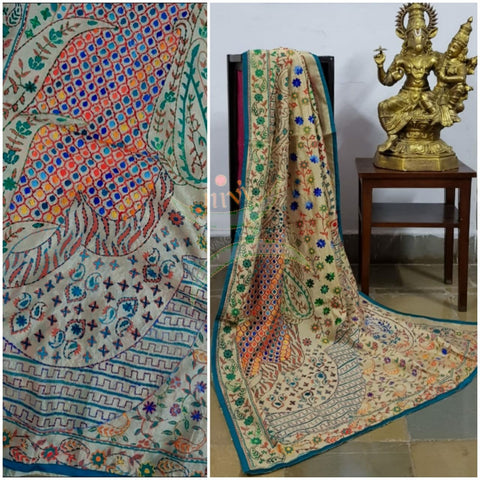 Hand embroidered kantha dupattas on beige art silk with multicoloured floral and paisley motif and thin teal blue piping on the edges.