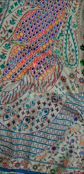Hand embroidered kantha dupattas on beige art silk with multicoloured floral and paisley motif and thin teal blue piping on the edges.