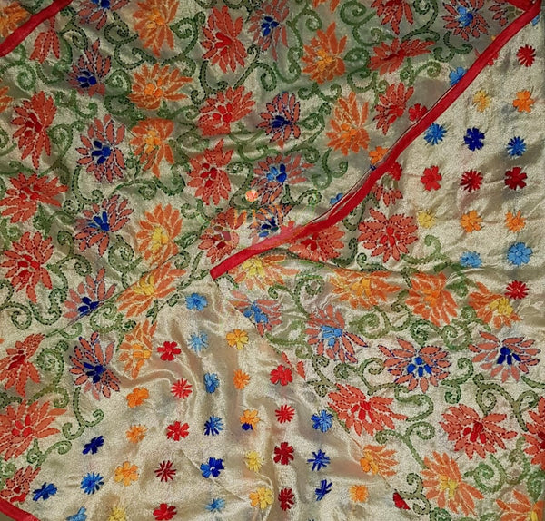 Hand embroidered kantha dupattas on beige art silk with multicoloured floral motif and red piping on the edges