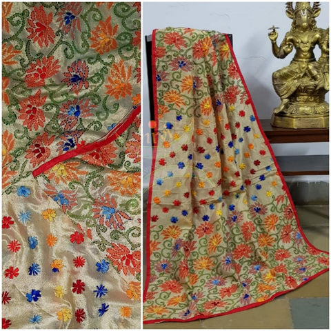 Hand embroidered kantha dupattas on beige art silk with multicoloured floral motif and red piping on the edges