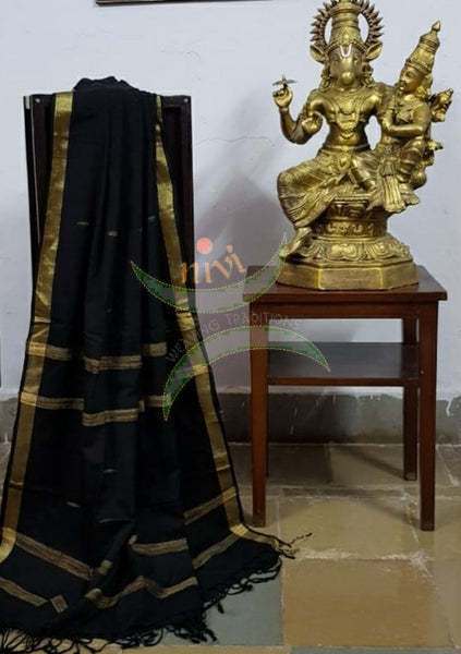 Black handloom dupatta with subtle gold borders, geecha stripes and all over buttis.