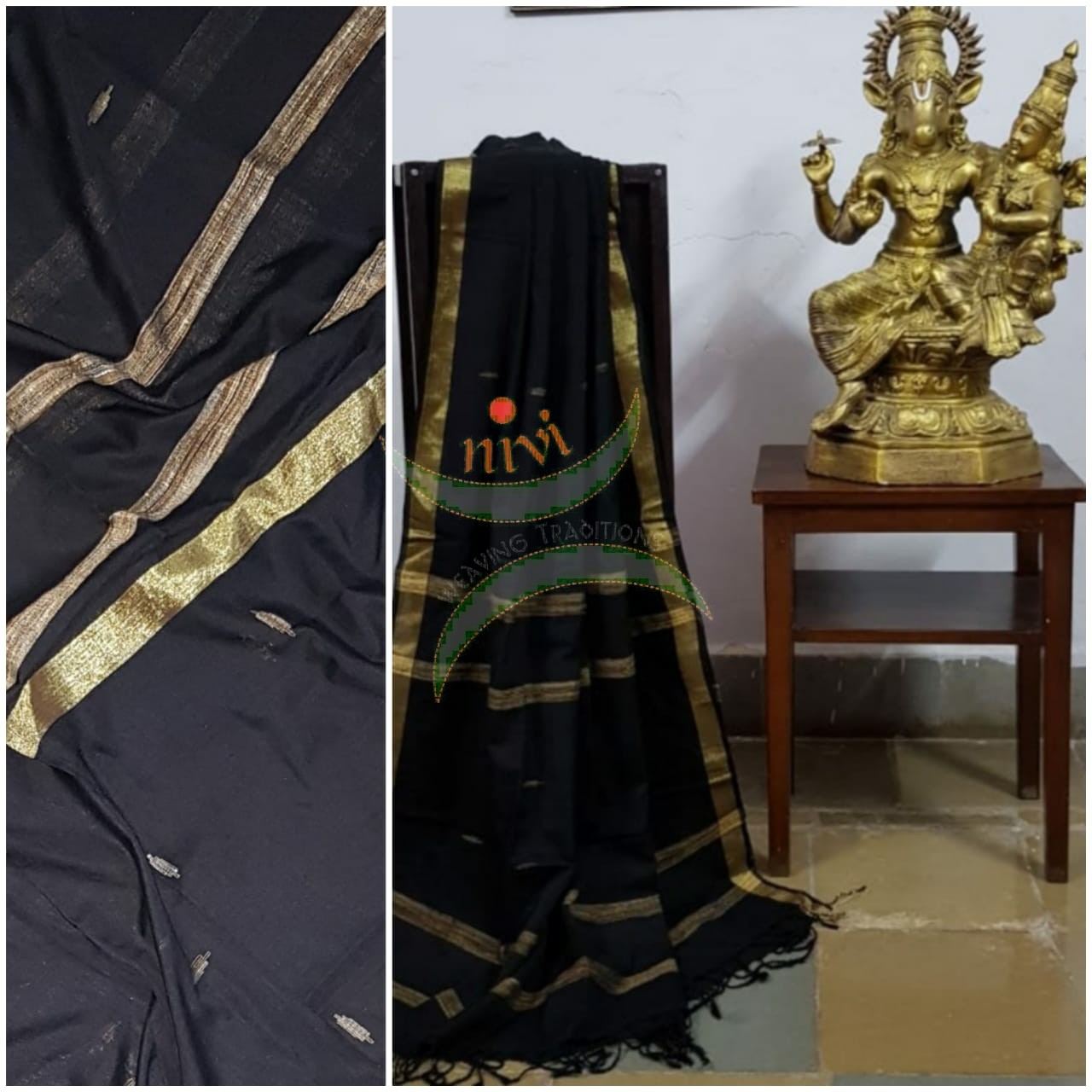 Black handloom dupatta with subtle gold borders, geecha stripes and all over buttis.