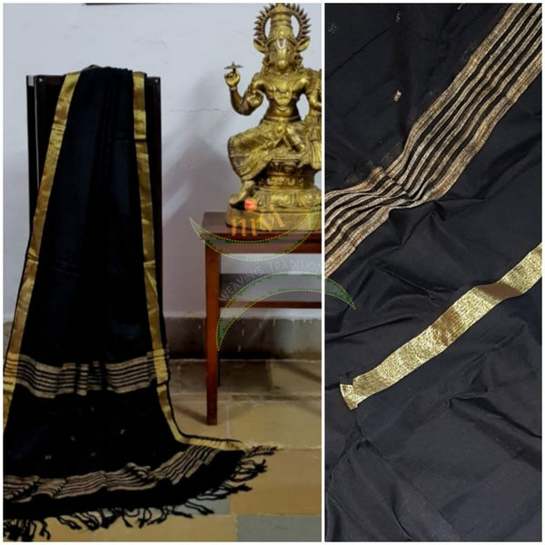 Black handloom dupatta with subtle gold borders, geecha stripes with  buttis on the edges.