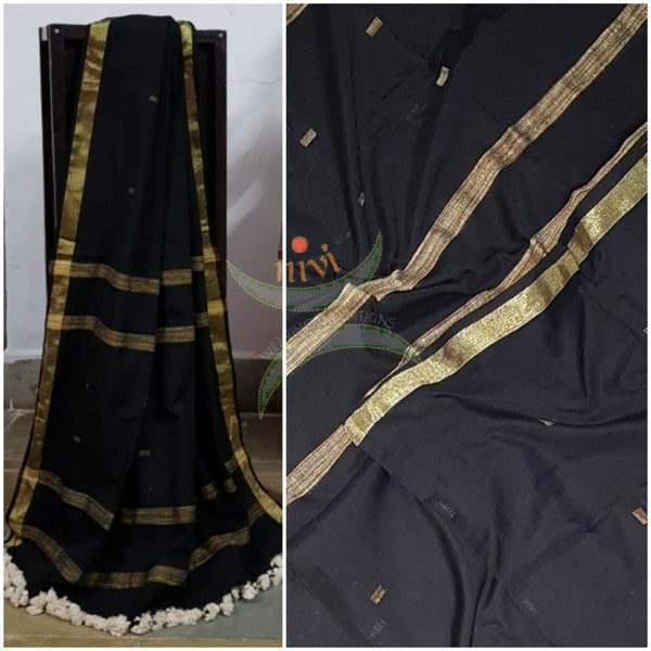 Black handloom dupatta with subtle gold borders, geecha stripes and buttis all over the body.