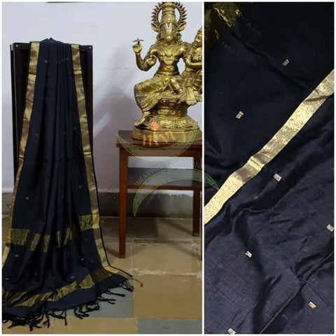 Black handloom dupatta with subtle gold borders and buttis all over the body.
