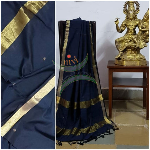 Teal blue shot with navy handloom dupatta with subtle gold borders and buttis all over the body.