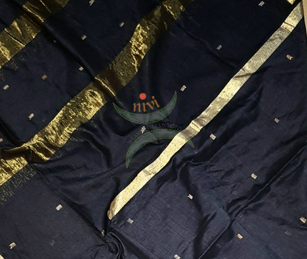 Black handloom dupatta with subtle gold borders and buttis all over the body.
