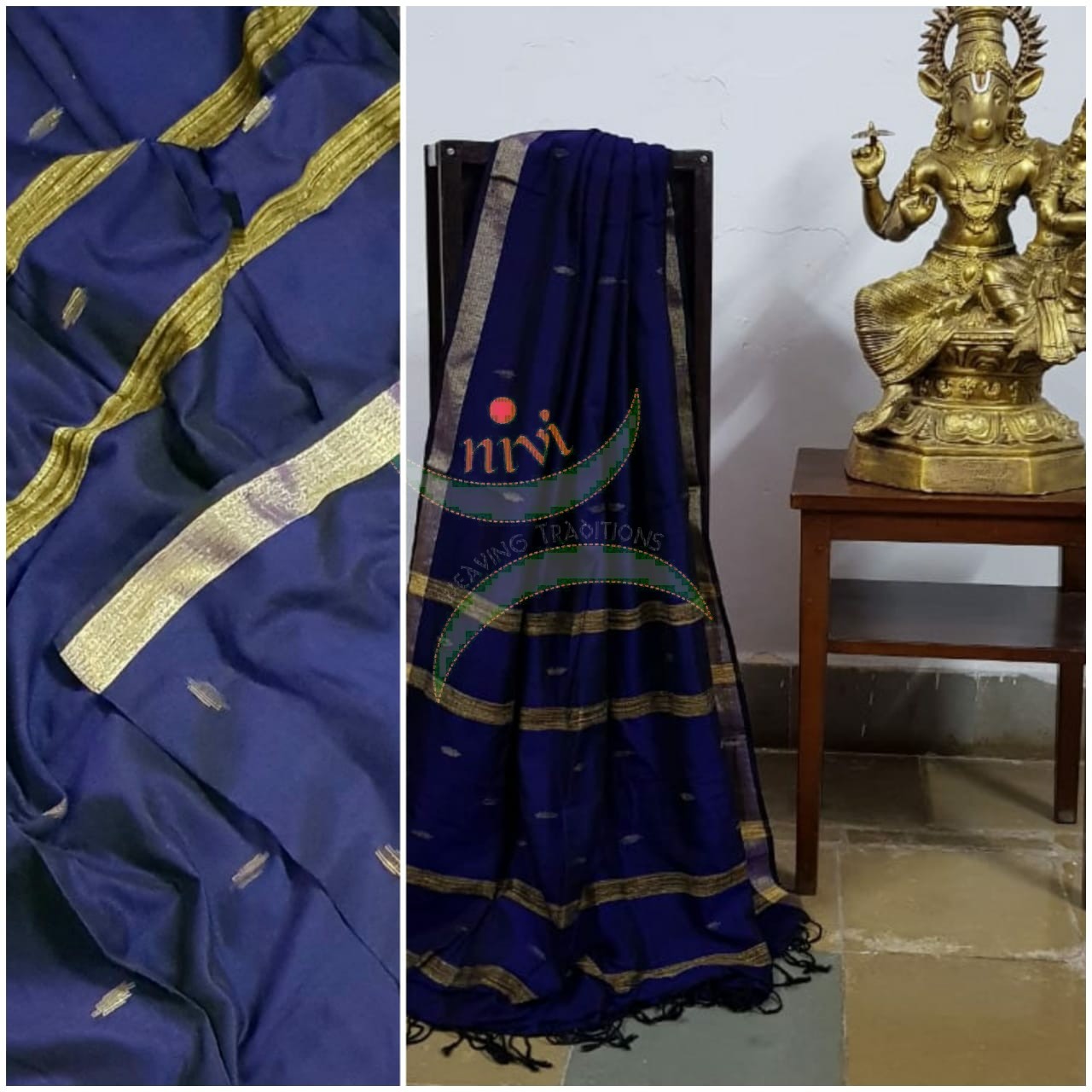 Royal blue handloom dupatta with subtle gold borders, geecha stripes and buttis all over the body.