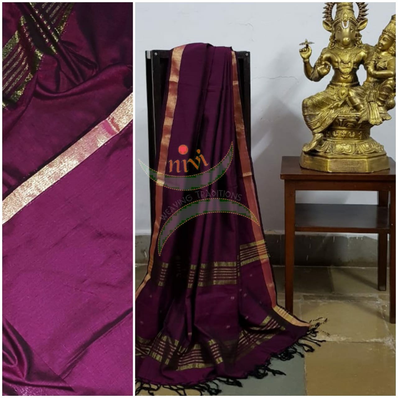 Magenta shot purple handloom dupatta with subtle gold borders.