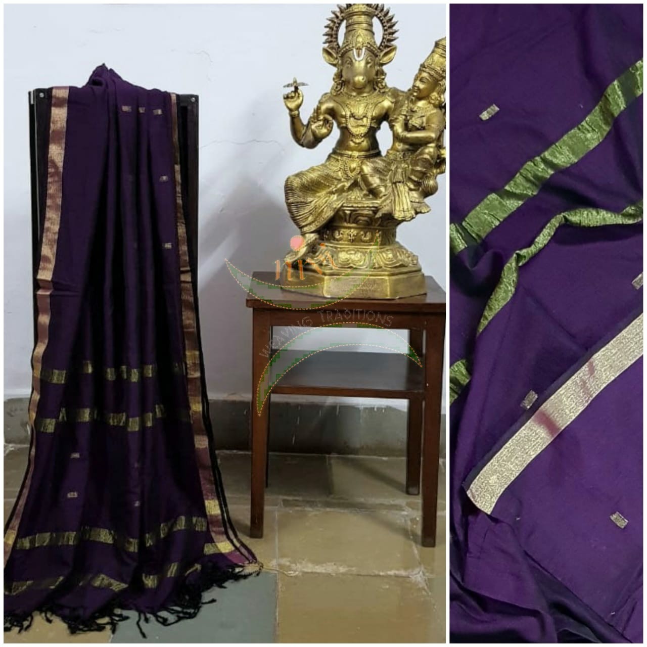 Purple handloom dupatta subtle gold borders and buttis on the body.