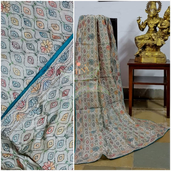 Hand embroidered kantha dupattas on beige art silk with multicoloured paisley motif and teal blue piping on the edges