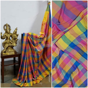 Multicoloured handloom gamacha cotton with contrasting yellow border and blouse.