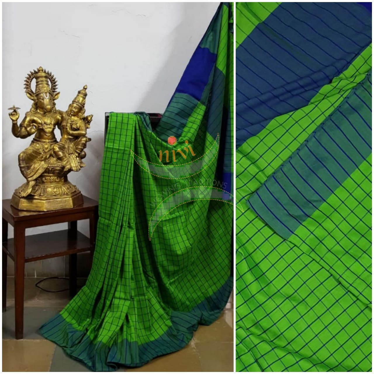 Green handloom gamacha cotton with contrasting blue border and blouse.