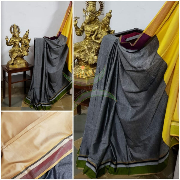 Grey handloom cotton with contrasting green border, contrasting yellow pallu  and contrasting beige blouse.