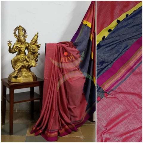 Pink handloom cotton with contrasting multicoloured border, pompoms on pallu  and contrasting beige blouse.