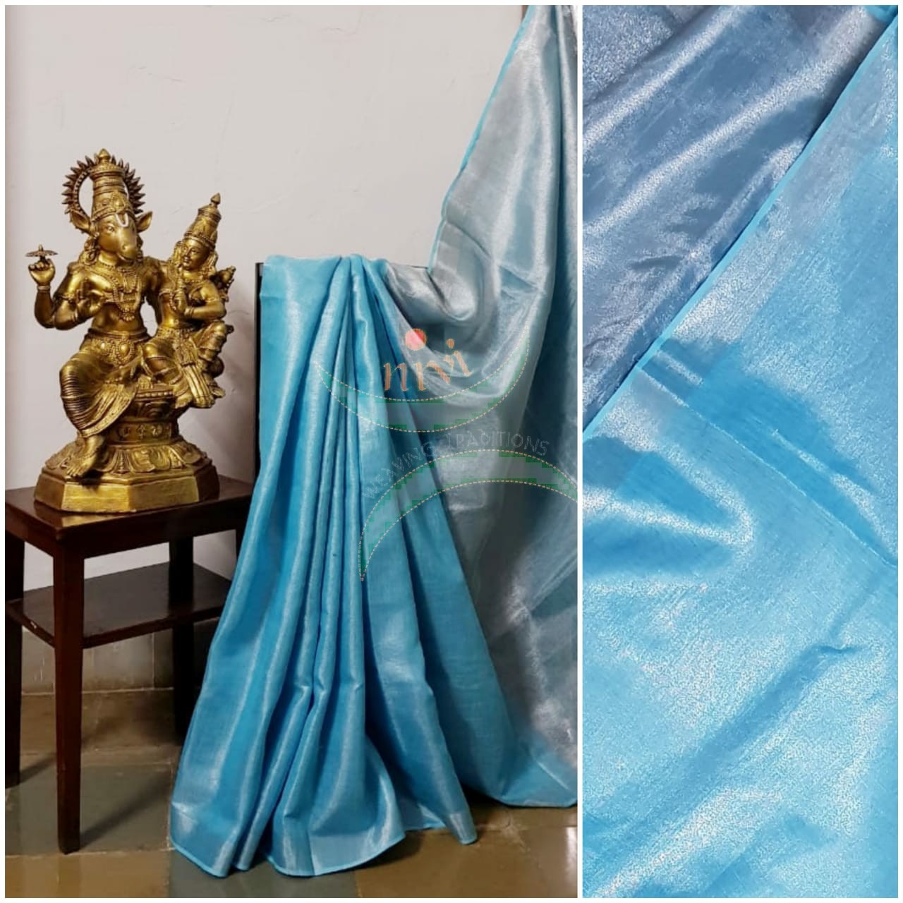Light blue handloom tissue linen with silverish grey border. The saree comes with running blouse.
