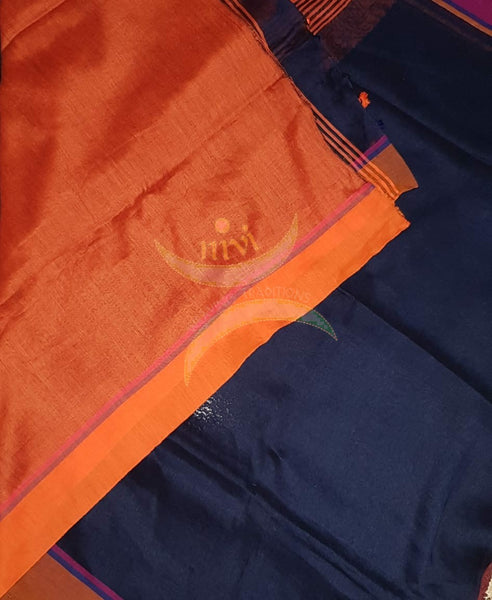 Navy blue 80's count handloom linen with contrasting orange border, pallu and blouse.