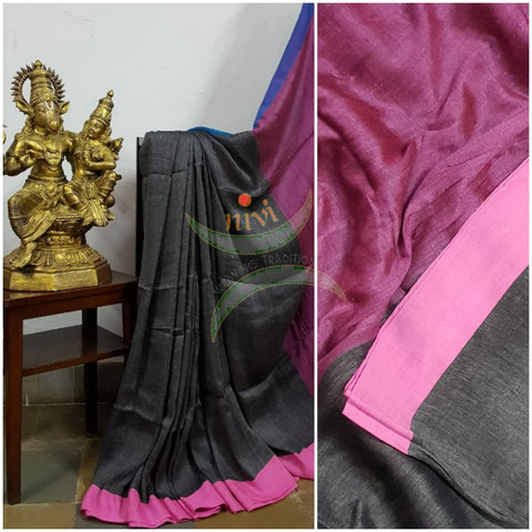 Grey 80's count handloom linen with contrasting pink border, pallu and blouse.