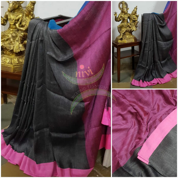 Grey 80's count handloom linen with contrasting pink border, pallu and blouse.