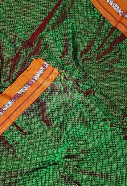 Green Khun/khana running material with orange border. Width of the fabric is 29 inches.