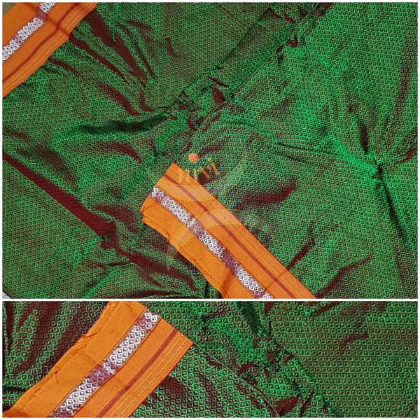 Green Khun/khana running material with orange border. Width of the fabric is 29 inches.