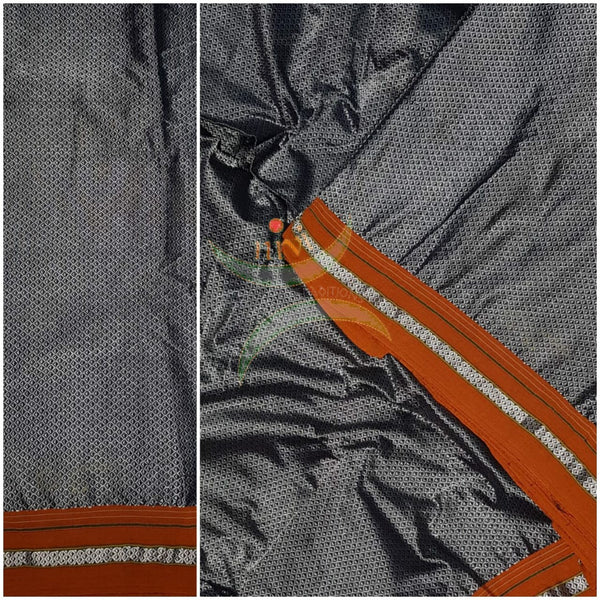 Silver grey Khun/khana running material with orange border. Width of the fabric is 36 inches.
