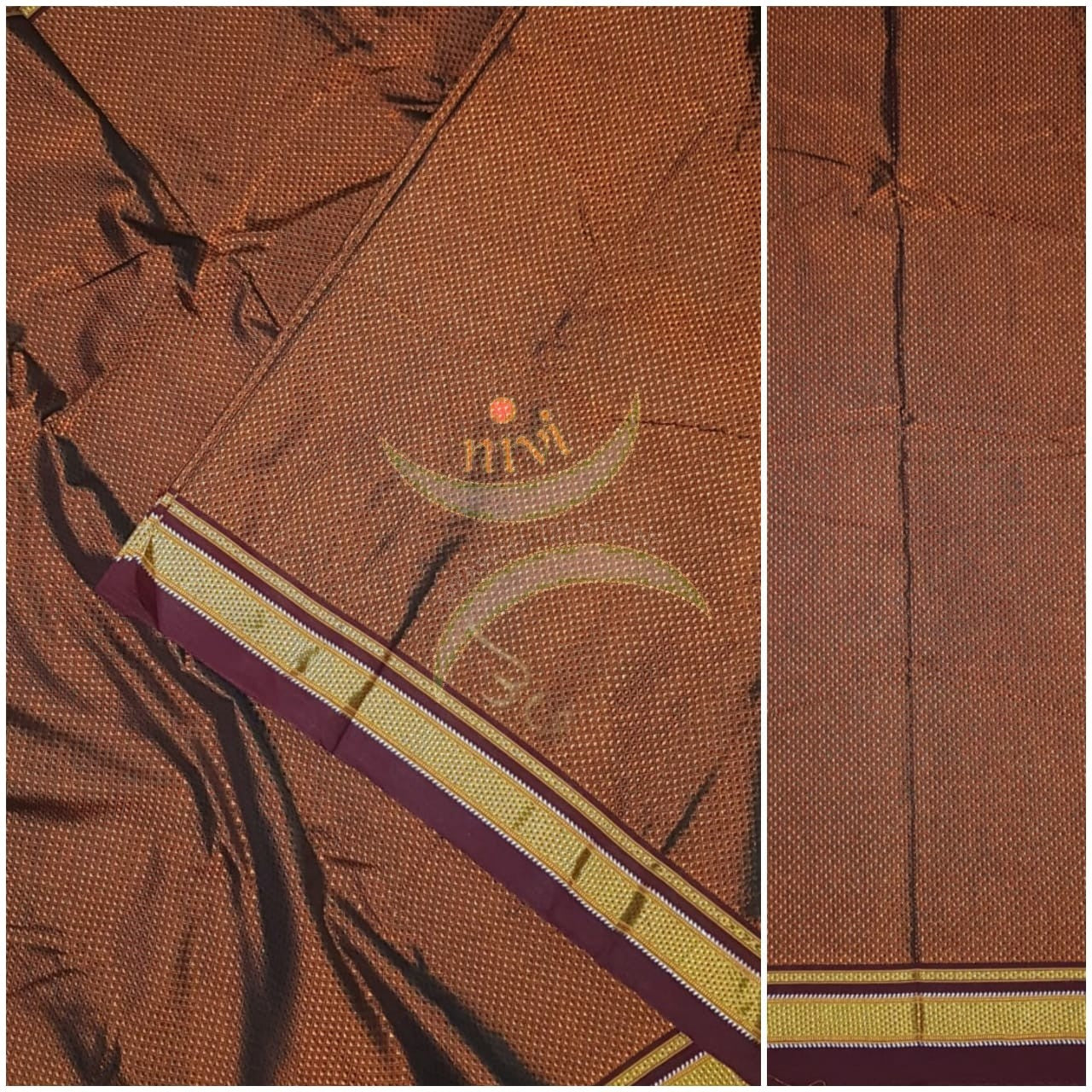 Brown Khun/khana running material with maroon border. Width of the fabric is 29 inches.