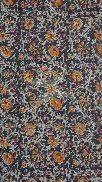 Khaki green with mustard floral motif handloom cotton kalamkari fabric
