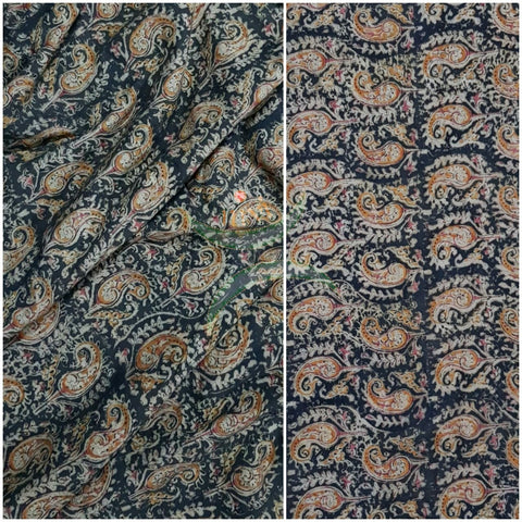 Khaki green with paisley motifs handloom cotton kalamkari fabric