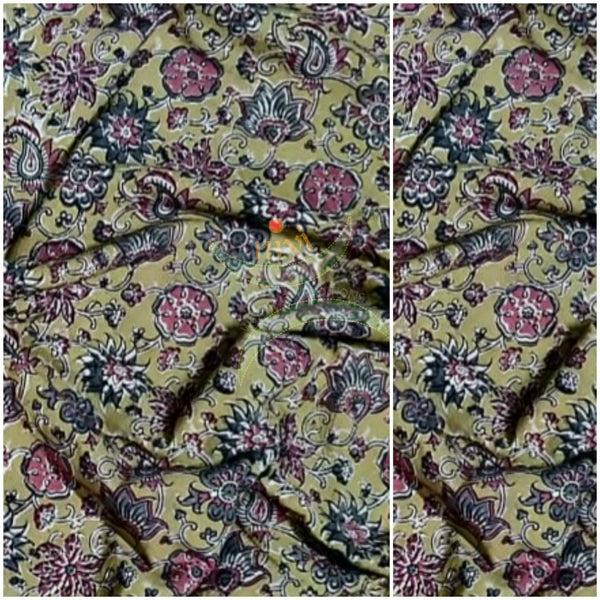Yellow handloom cotton kalamkari fabric with floral motifs