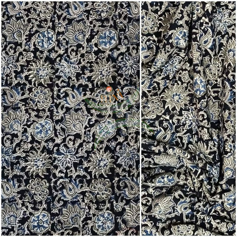 Black handloom cotton kalamkari fabric with floral motifs