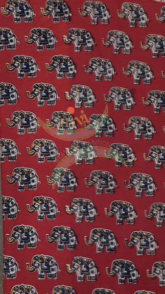Red handloom cotton kalamkari fabric with elephant motifs