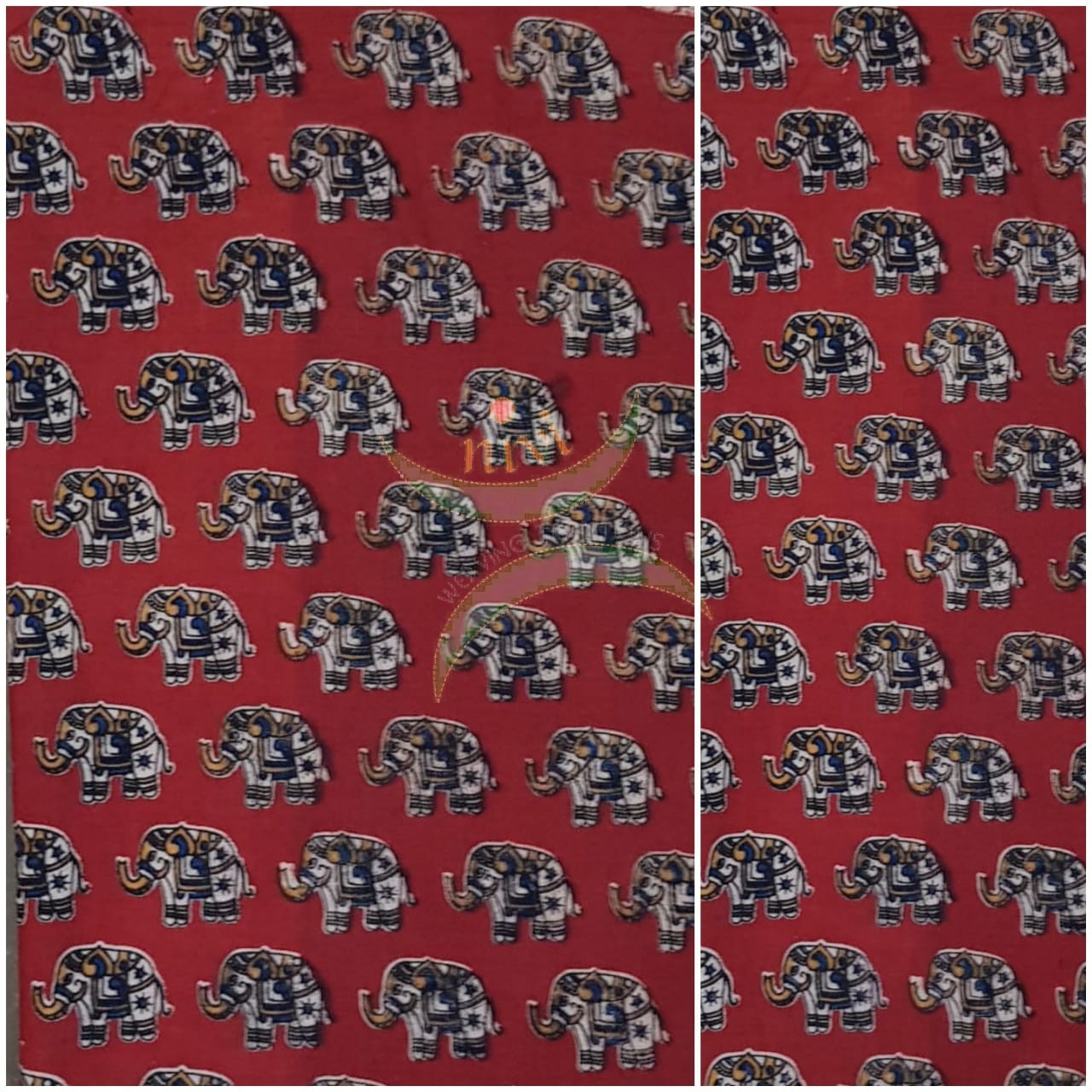 Red handloom cotton kalamkari fabric with elephant motifs